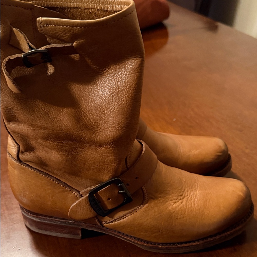 Frye Veronica Tan Leather Buckle Ankle Boots